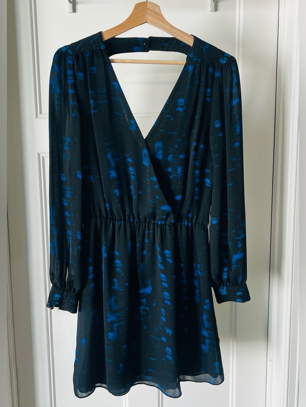 Parker Black and Blue Abstract V-Neck Mini Dress
